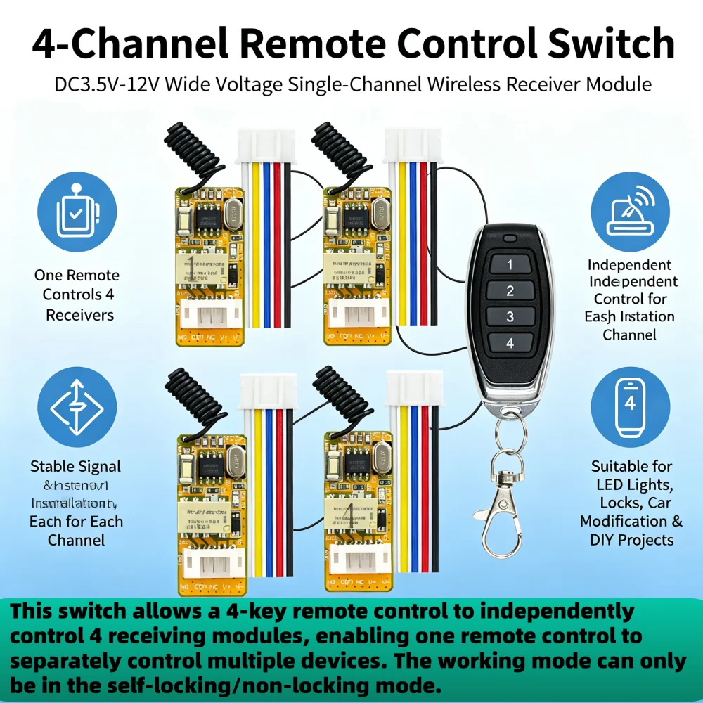 Multiple Sets Wireless Relay Switches Mini Modules 4-Ch Channels DC 3.5V 5V 12V LED Lights Electric Locks for DIY Car Projects