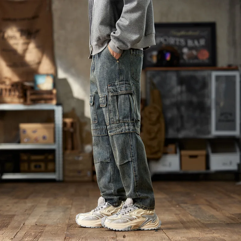 9049 ماركة أزياء أمريكية كلاسيكية للربيع والخريف، شخصية فضفاضة جديدة، جينز حريم عالي الجيوب للرجال