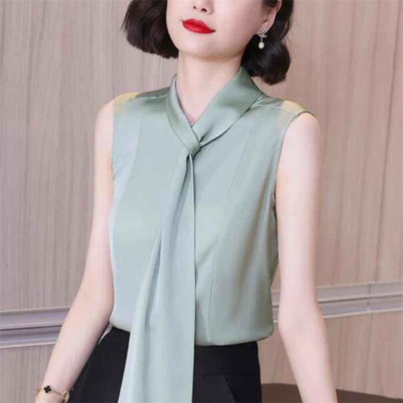 Vintage Sleeveless Basic Satin Pullover Shirt Women's Summer Tank Clothing Office Lady Scarf Collar Elegant Commuter Blouse