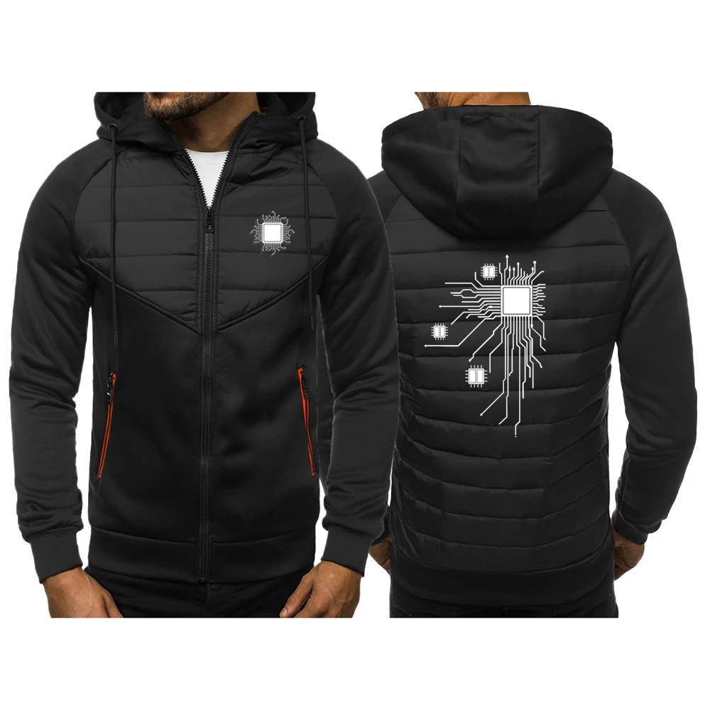 

2024 CPU Processor Circuit Diagram New Printed Tricolor Hooded Jacket Autumn Men Casual Slim Comfortable Leisure Patchwork Coats
