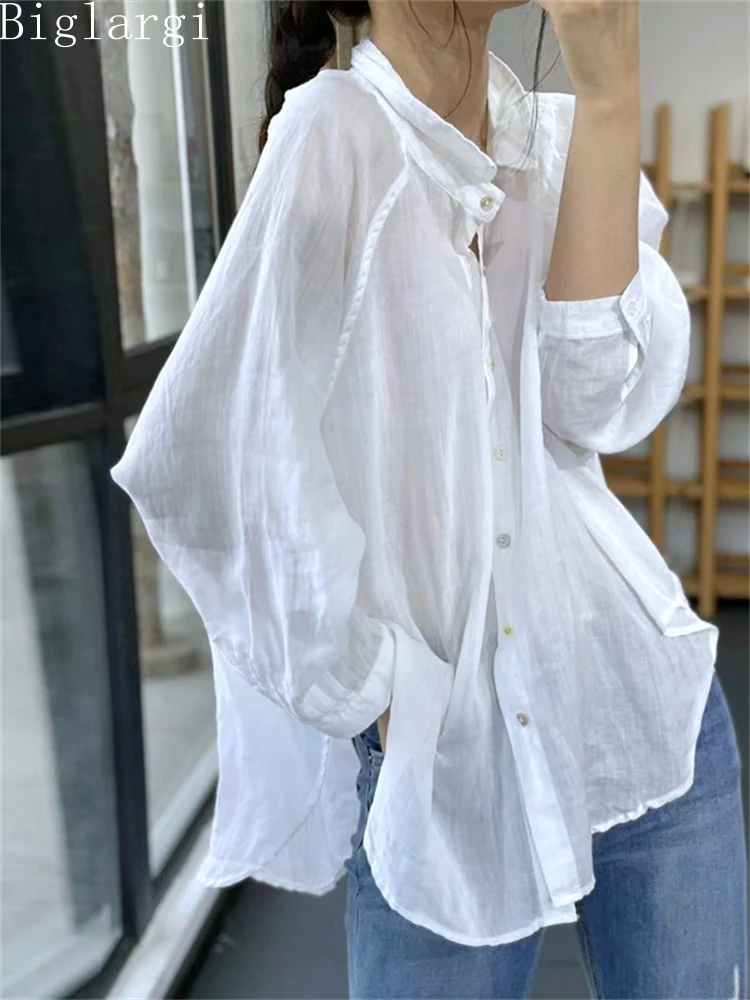 Oversized Korea New Chic Spring Summer Women Ramie Sunscreen Shirt Ladies Womens Big Size Cardigan Casual Loose White Shirt Tops