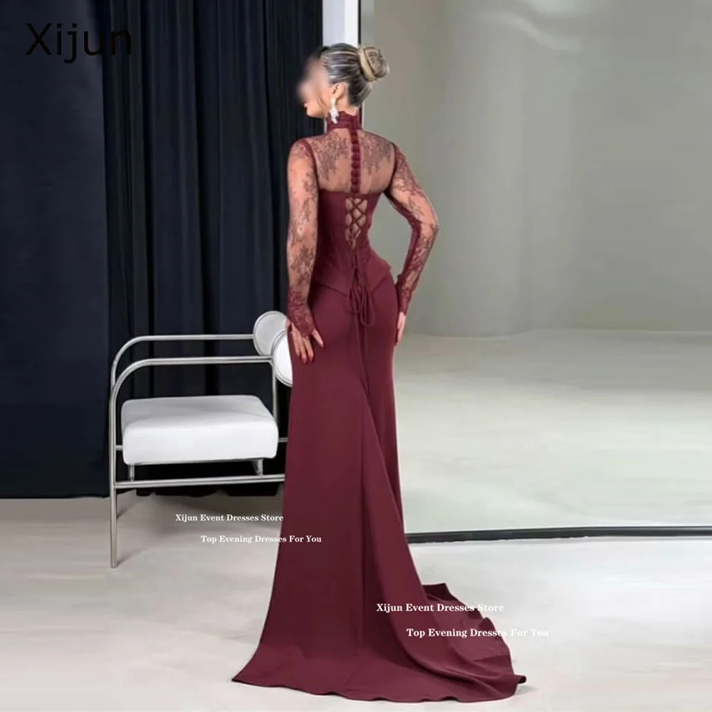

Xijun Burgundy Crepe Mermaid Evening Dresses Full Lace Sleeves High Collar Prom Dresses Long Luxury Dubai Prom Gowns Customized