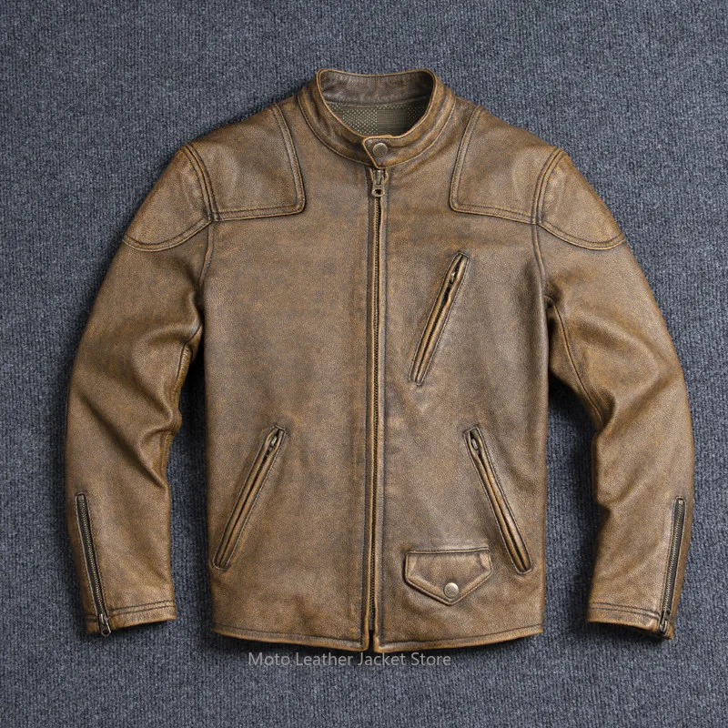 American Retro Venom Style Genuine Leather Jacket Men Cowhide Coat Stone Washed Distressed Pure Leather Casual Outwear