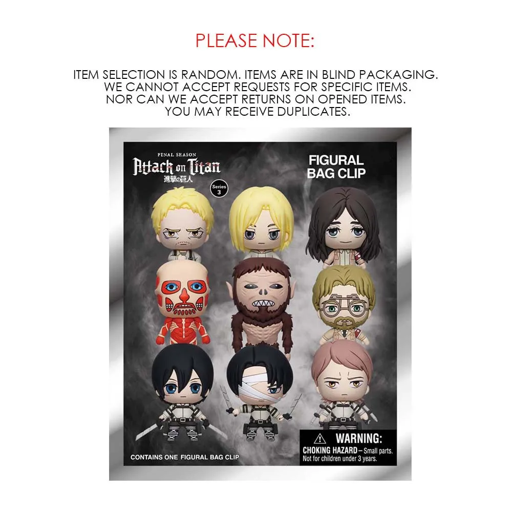 1pc Attack on Titan Officially Licensed series 3 Mystery Bulk Bag Clip Keychain Armin Eren or Other Characters For Friends Gifts