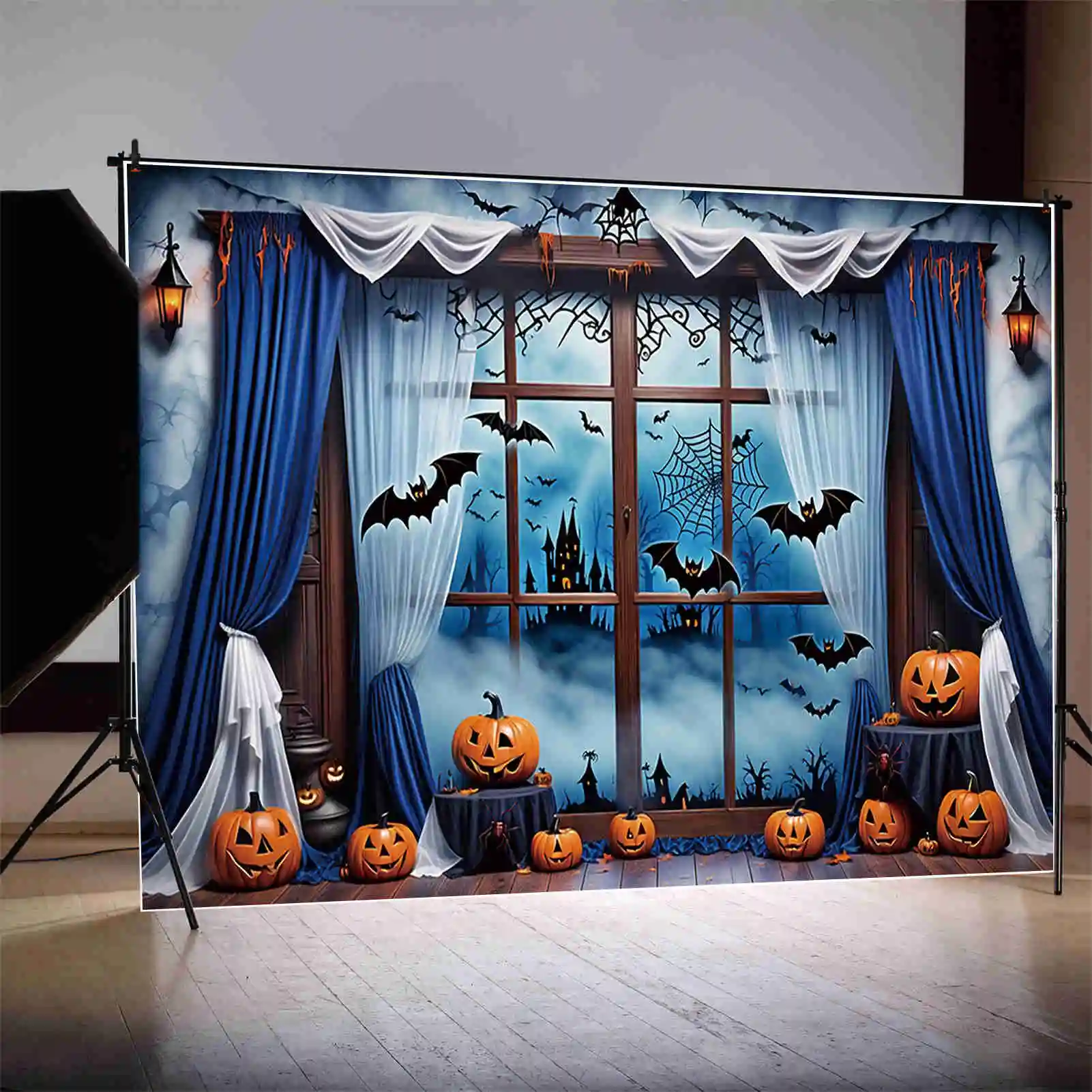 MOON.QG Halloween Forest Background Curtain Children Blue Window Indoor Backdrop Custom Party Decoration Photo Shoot Accessories