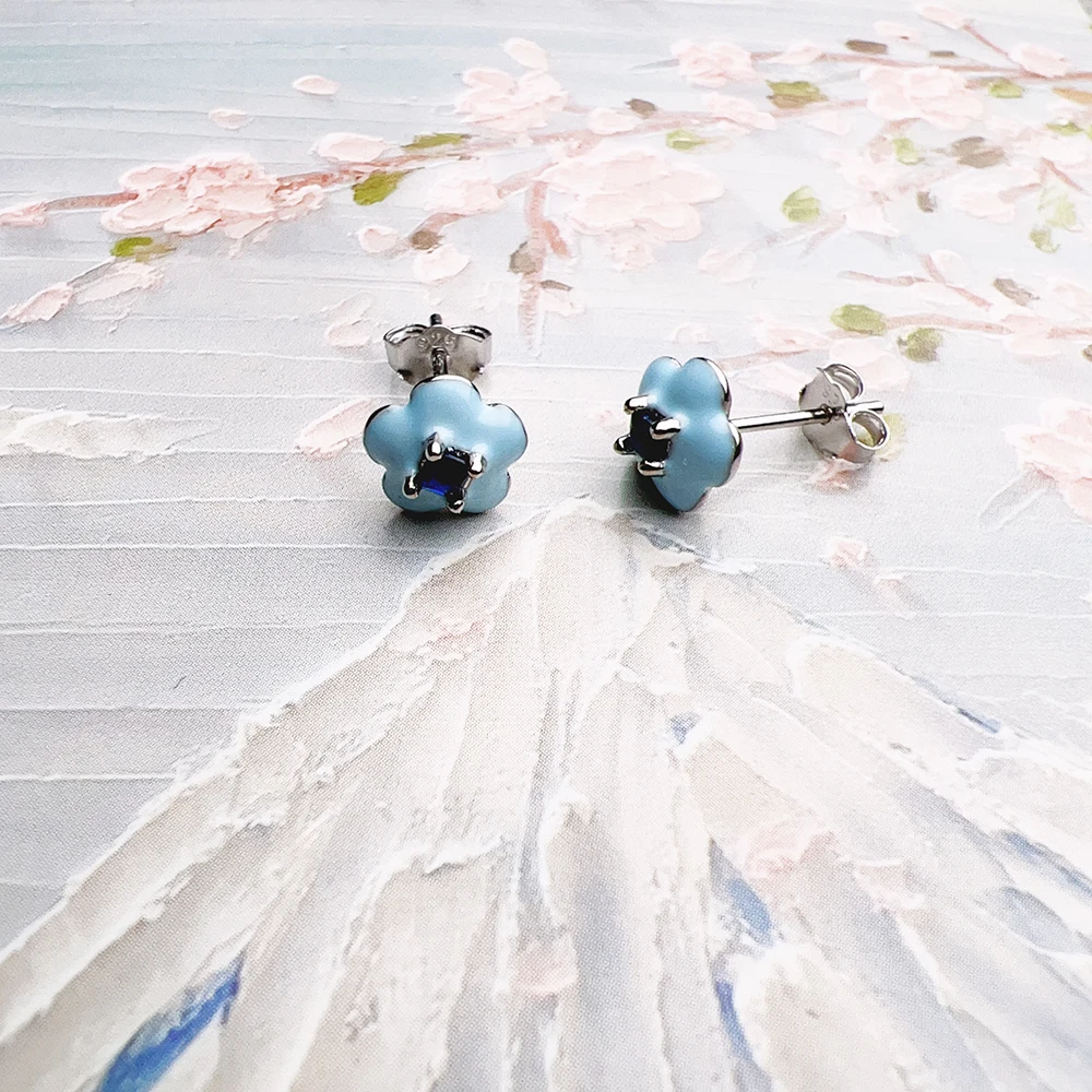 Blue Flower Stud Earrings with Stone Europe Brand New Fine Jewerly For Women Cute Gift In Real 925 Sterling Silver view 4