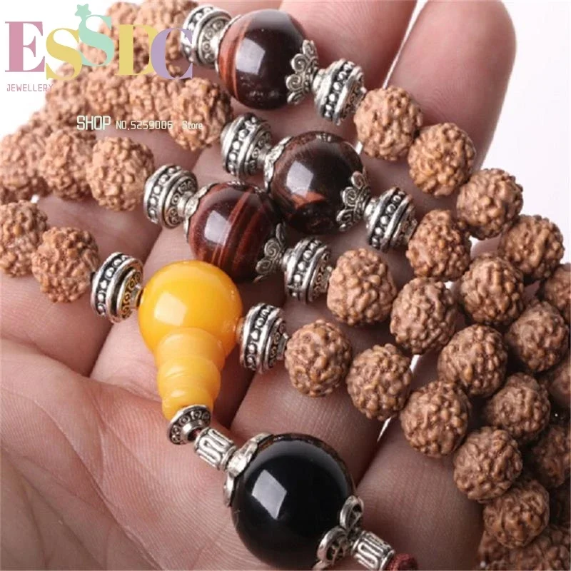 7/8/9mm Indonesia Natural 5 Petals Rudraksha 108 Prayer  Mala Nepal OM Pendant Red Tassel Yoga Beaded Necklace or Bracelet