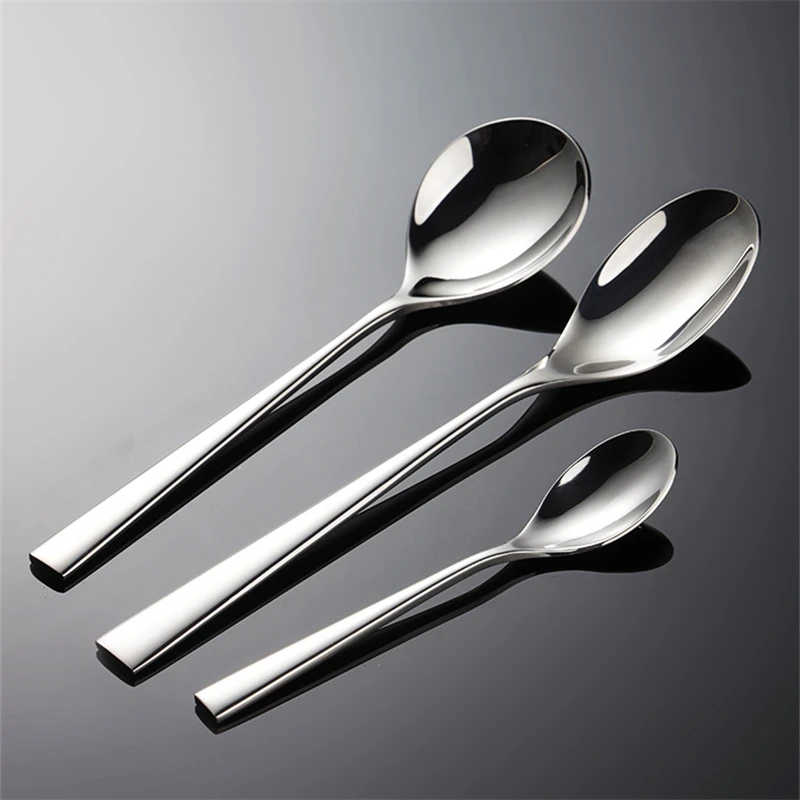 Thick Square Handle Cutlery Stainless Steel Dinnerware Sets Silver Fork Knife Spoon Teaspoon Teafork Full Table Dining Service