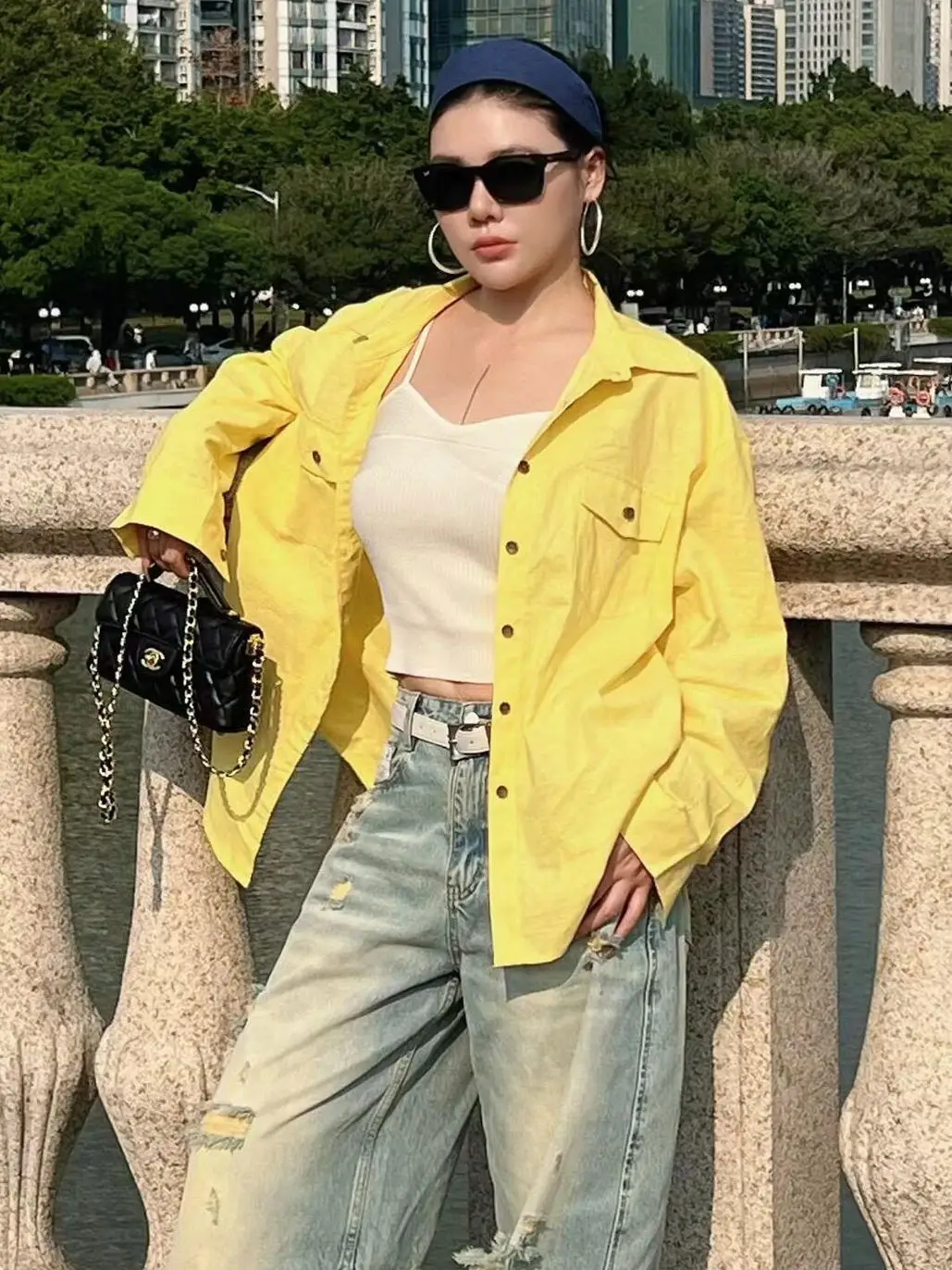 

Loose Fit Long Sleeve Women's Shirt Single Button Spring Outerwear Yellow Color Slimming Lazy Style Casual Fashion Polyester ...