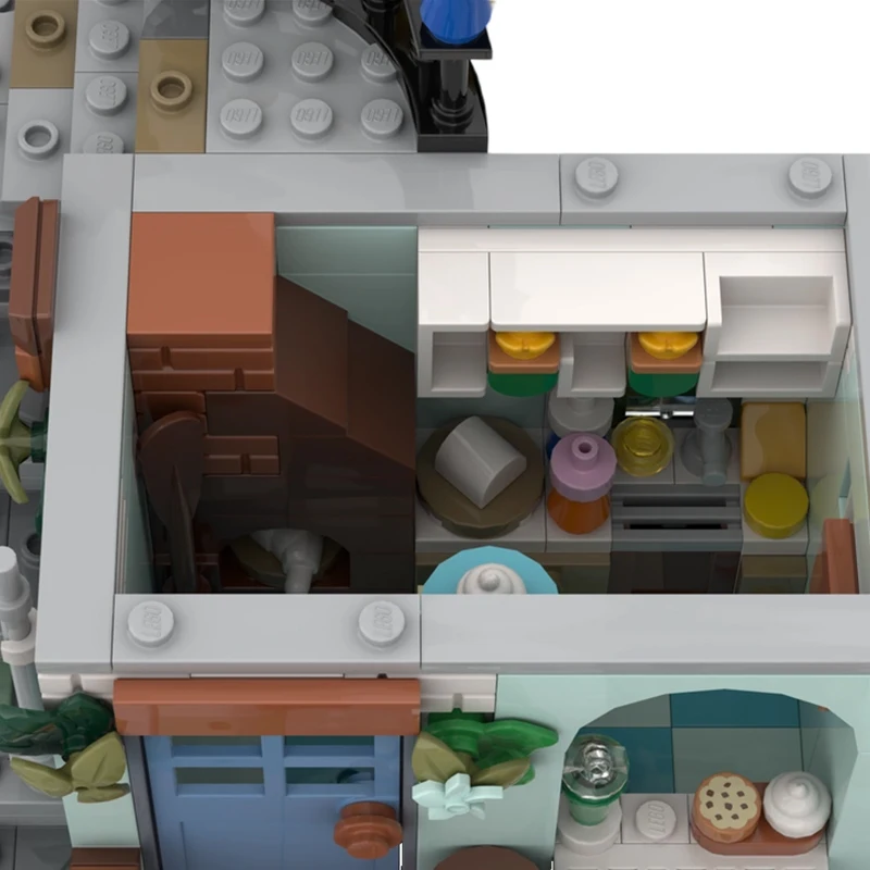 630PCS MOC-238547 작은 베이커리 거리 풍경 도시 건축 모델 블록 브릭 데스크탑 장식 창의적인 장난감 선물