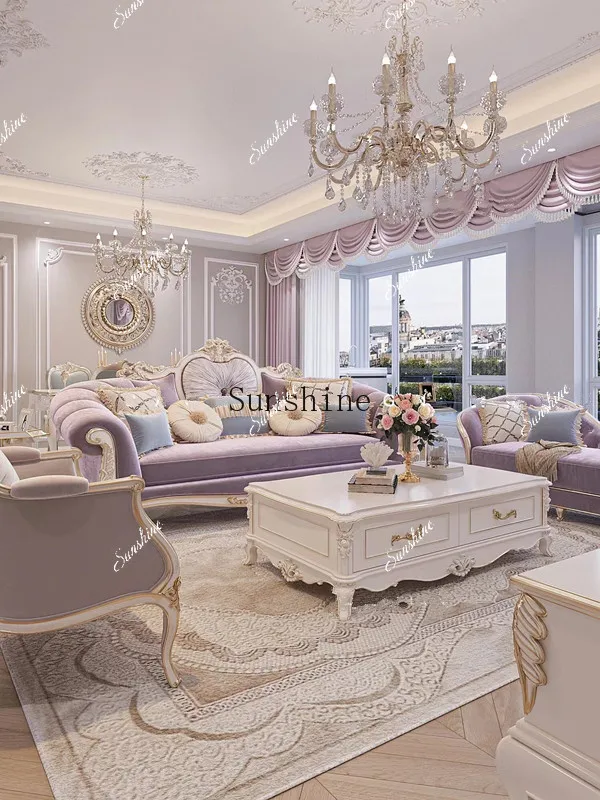 French solid wood carving flower sofa living room luxury three-person fabric sofa
