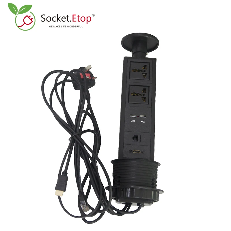 

Promotion Universal Pulling Kitchen Pop Up Embedded Socket With 2 Power Plugs 2 USB Charger RJ45 HDMI With UK Plug