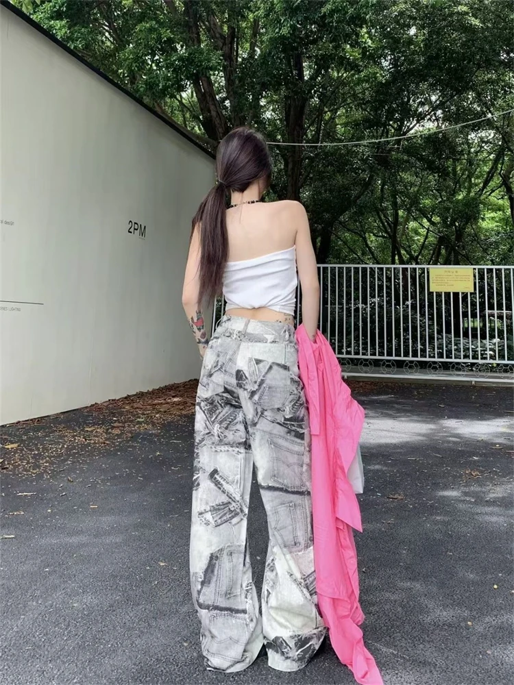 Women\'s Personalized Fashion Print Casual Thin Pants Cool Girl Street Bottoms Female High Waist Straight Wide-leg Trousers