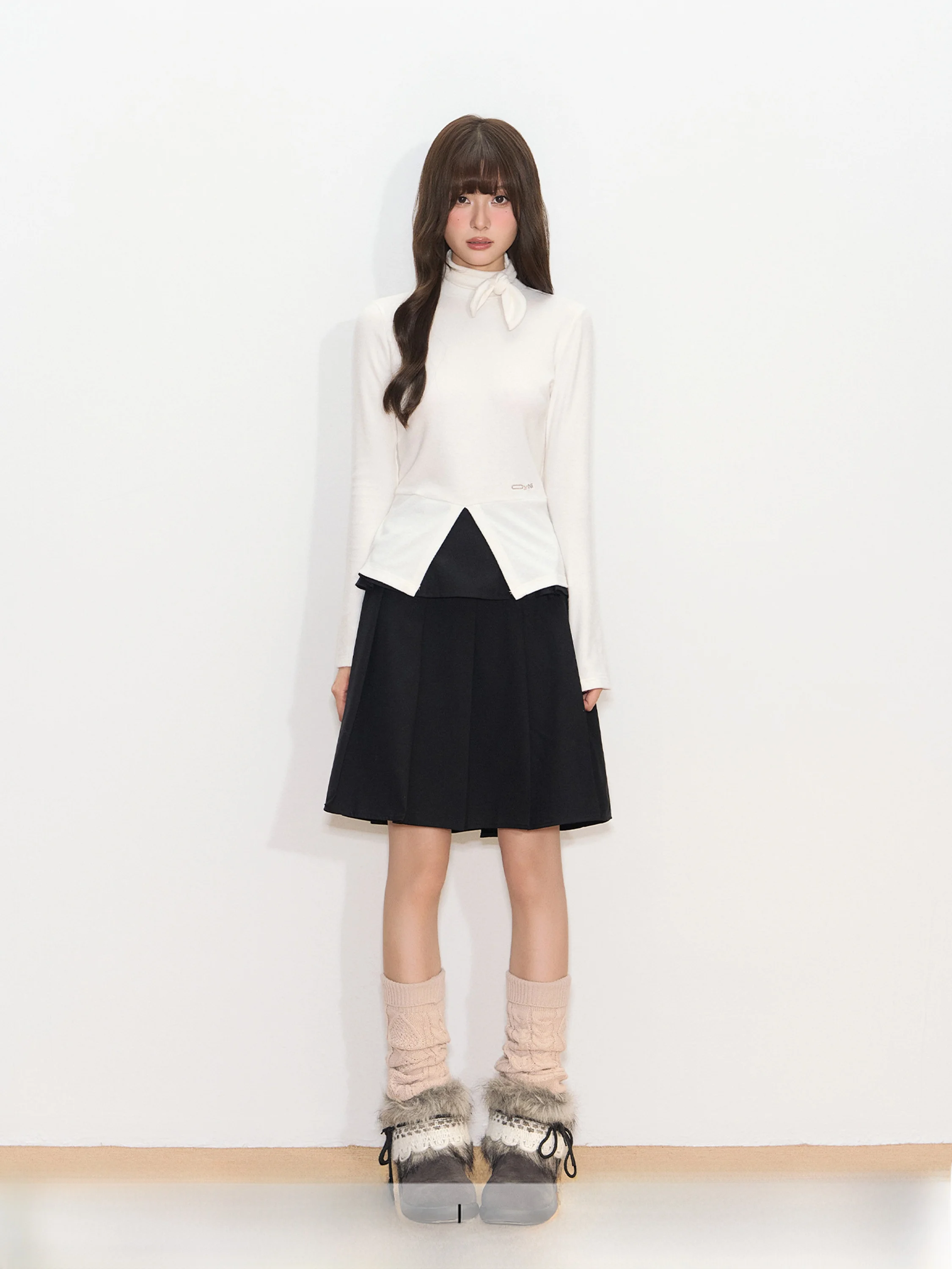 

Женская облегающая вязаная футболка CyNi с высоким воротом, узлом на плече и разрезом снизу, теплая осенняя модель с длинным рукавом