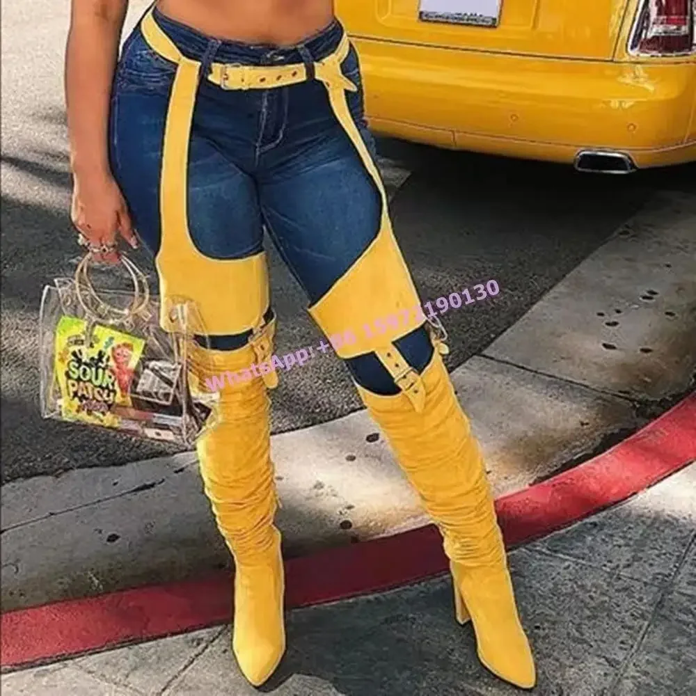 

Buckle Belt Hollow Thigh High Boots Solid Chunky Heels Pointy Toe Pleated Women Winter Shoes High Heels Sexy Women's Long Boots