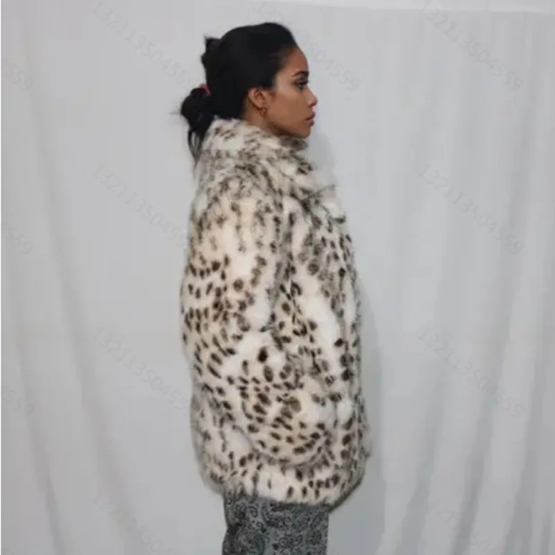 Luxury Retro High-Quality Fluffy Soft Faux Fur Coat Women's Leopard Print Fur Jacket Autumn Winter Warm Lapel Collar Coat Loose