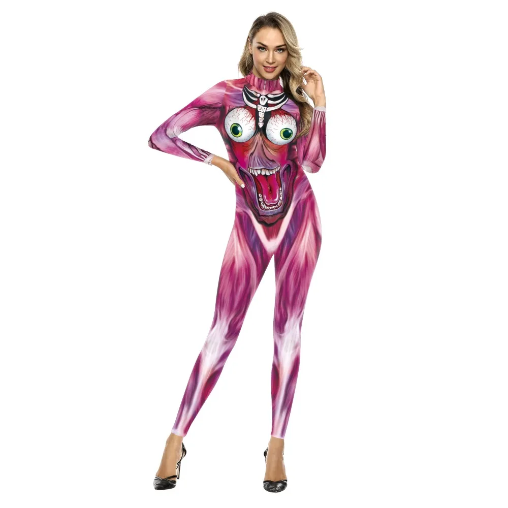 Halloween Weird Muscle Patterned Tights Long Sleeve Stage Slim Jumpsuit Carnival Party Coverall Role Play Costume