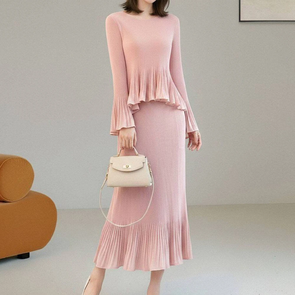 Pleated ruffle edge top, fishtail skirt temperament suit, European and American foreign trade fashion  women's clothing