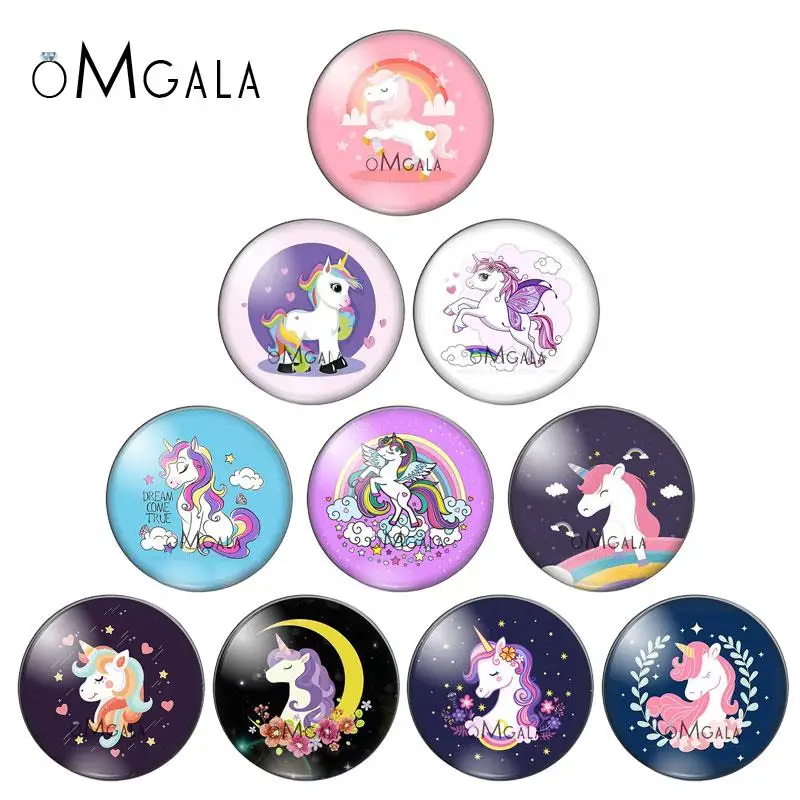 New Cartoon Unicorn magic Dream Mixed 10pcs 12mm/18mm/20mm/25mm Round photo glass cabochon demo flat back Making findings