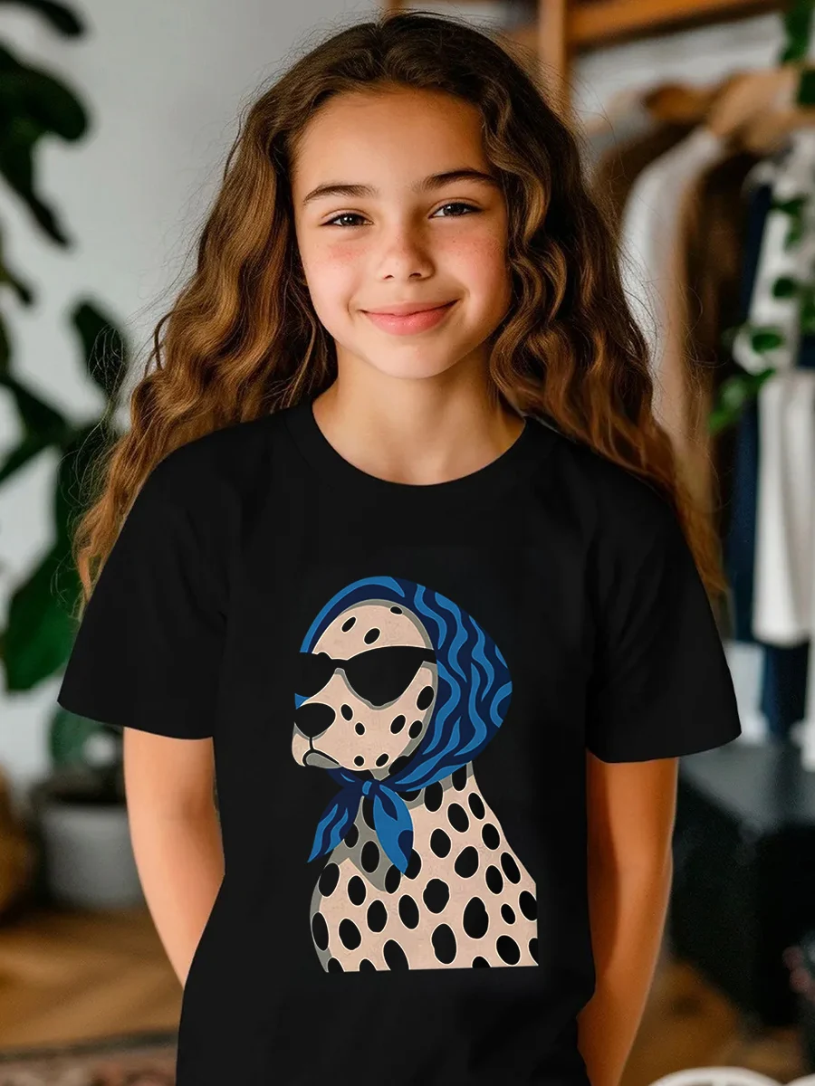 Fashion Hand-Painted Style Dalmatian Print Headscarf Glasses dog Summer Boys Girls T Shirt Kids Baby Youth Men Women Tee Cotton