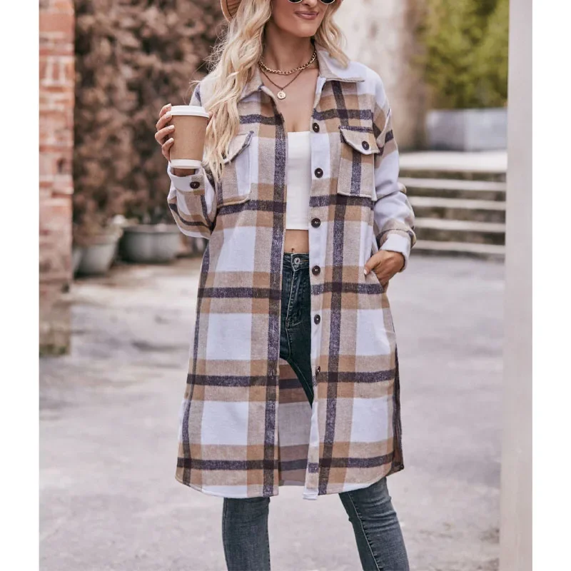 New Autumn and Winter Elegant Fashion Simple Casual Flannel Plaid Temperament Commuter Women\'s Comfortable Shirt Long Coat