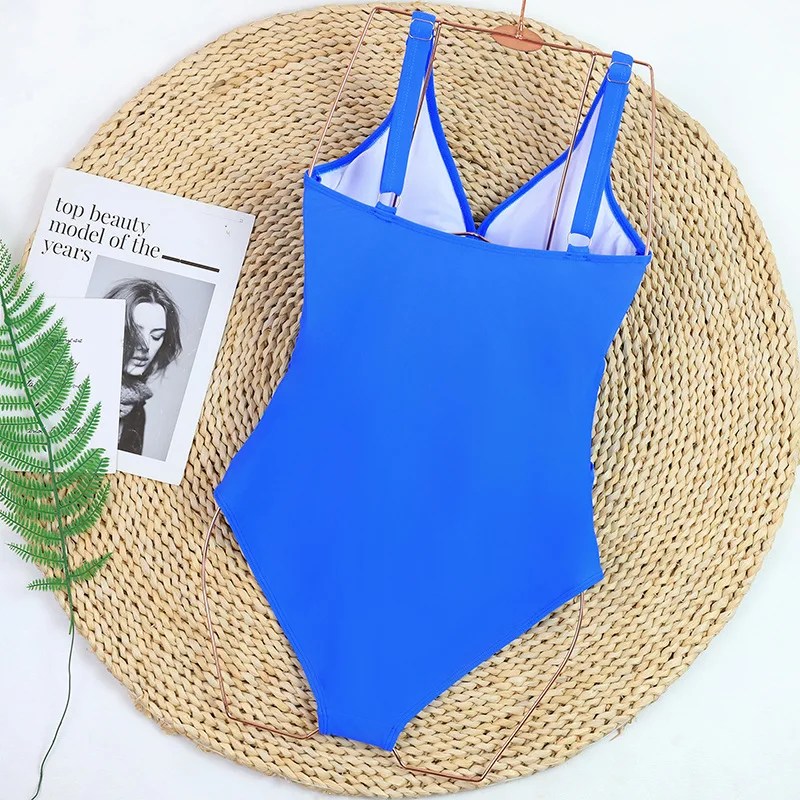 Sexy Plus Size 2025 Set bikini solido Donna Vintage increspato Costume intero Costume da bagno blu con controllo della pancia Costume da bagno Beachwear