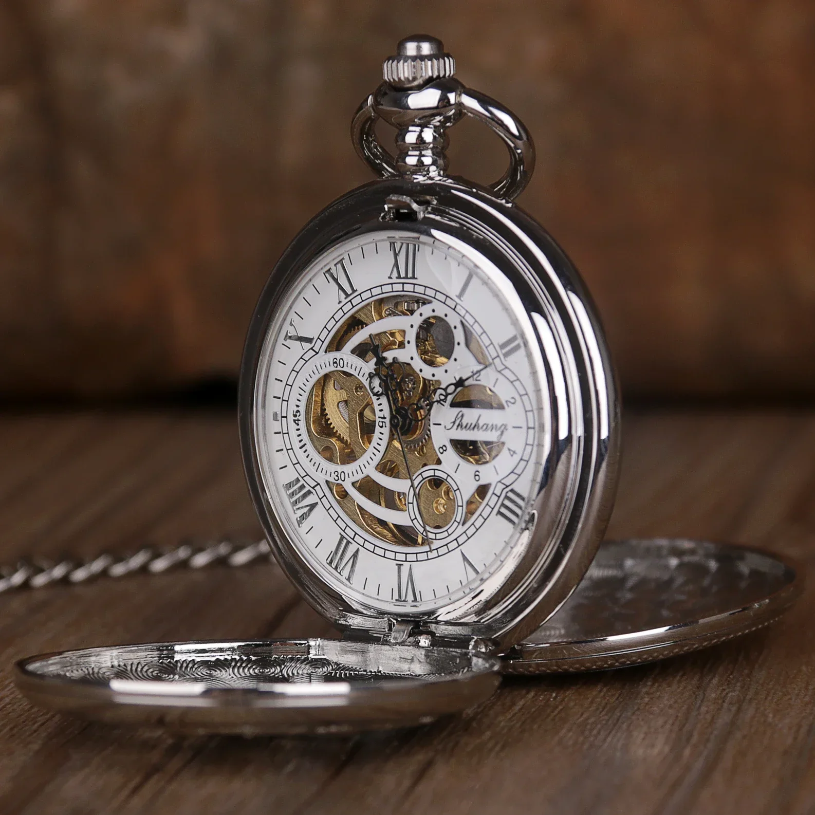 

Silver Retro Mechanical Pocket Watches Personalised Hallow Desgin Antique Vintage 2 Sides Open Case Hand Wind Fob Watch