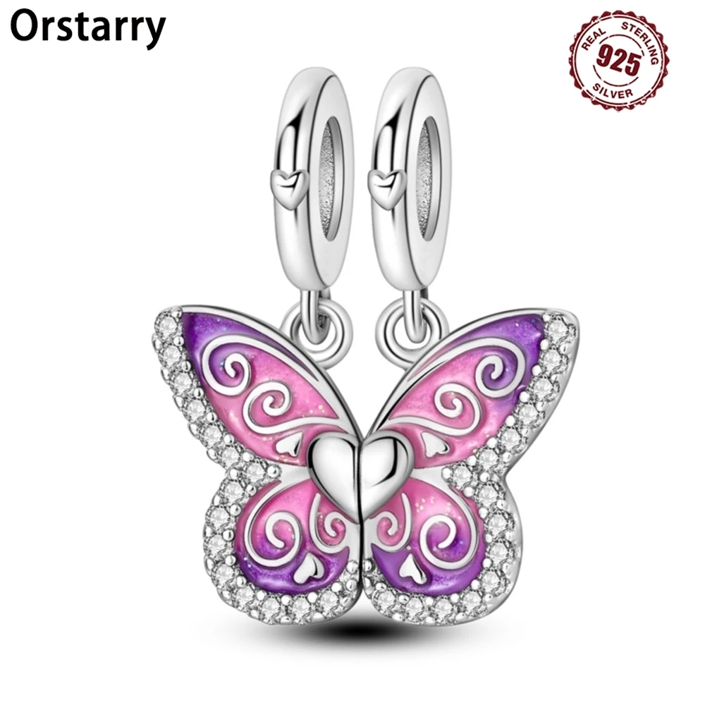 

Orstarry стерлингового серебра 925 пробы розовый фиолетовый бабочка комбинация оригинальные подвески браслет подвески ювелирные изделия вечерние бусины DIY подарки