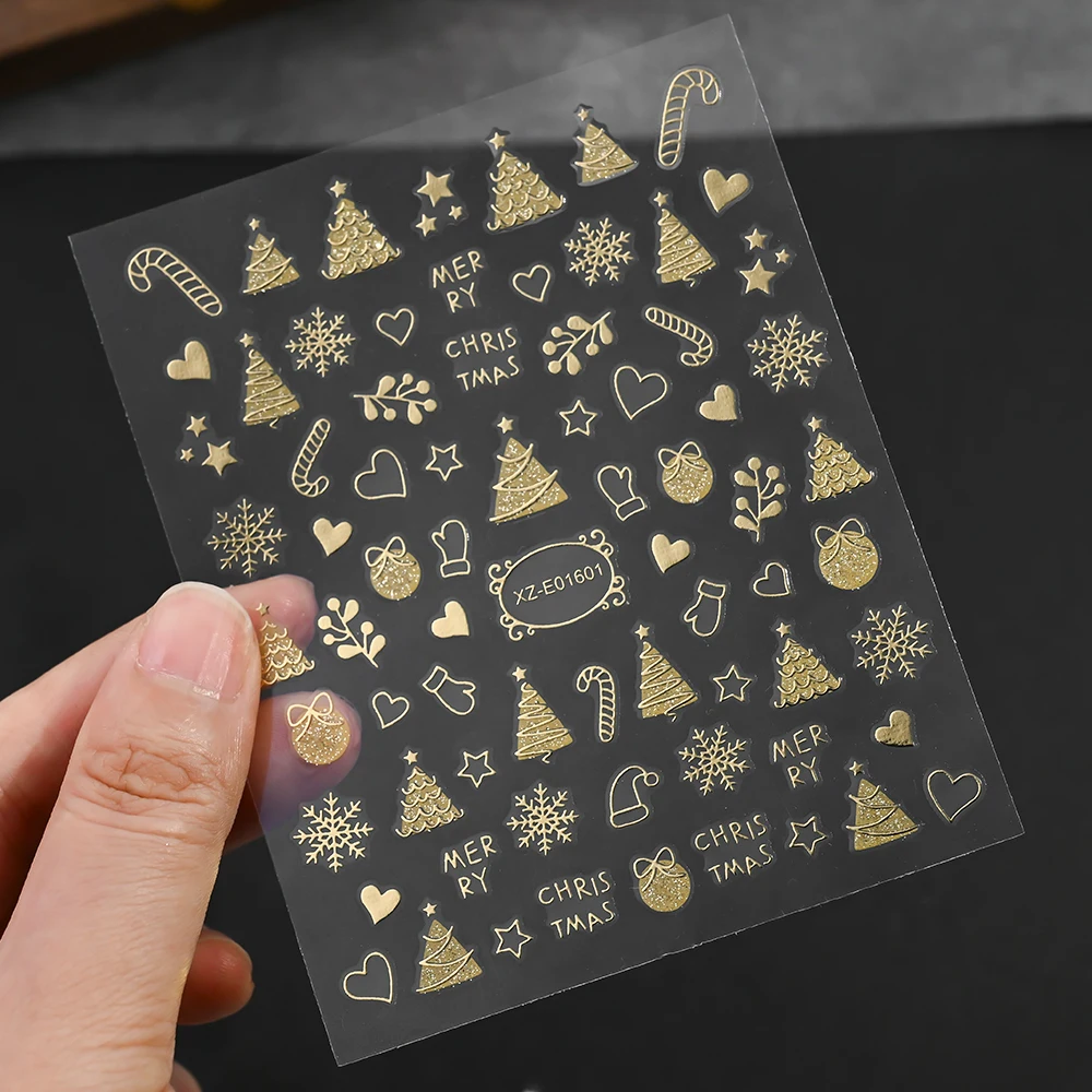2 stücke Gold 3D Weihnachten Nagel Aufkleber Reflektierende Glitter Weihnachten Baum Schneeflocken Lebkuchen Klebe Aufkleber Winter Maniküre Sliders