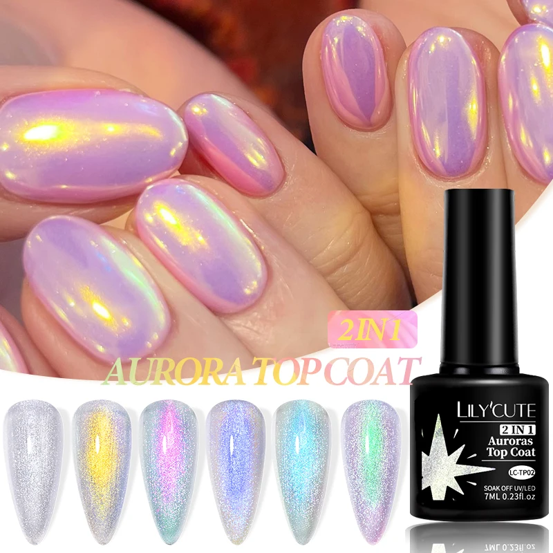 LILYCUTE Auroras Sparking Effect Top Coat Gel Nail Polish Chrome Gold Glitter Soak Off 2 In 1 Function Gel DIY Nail Art Manicure