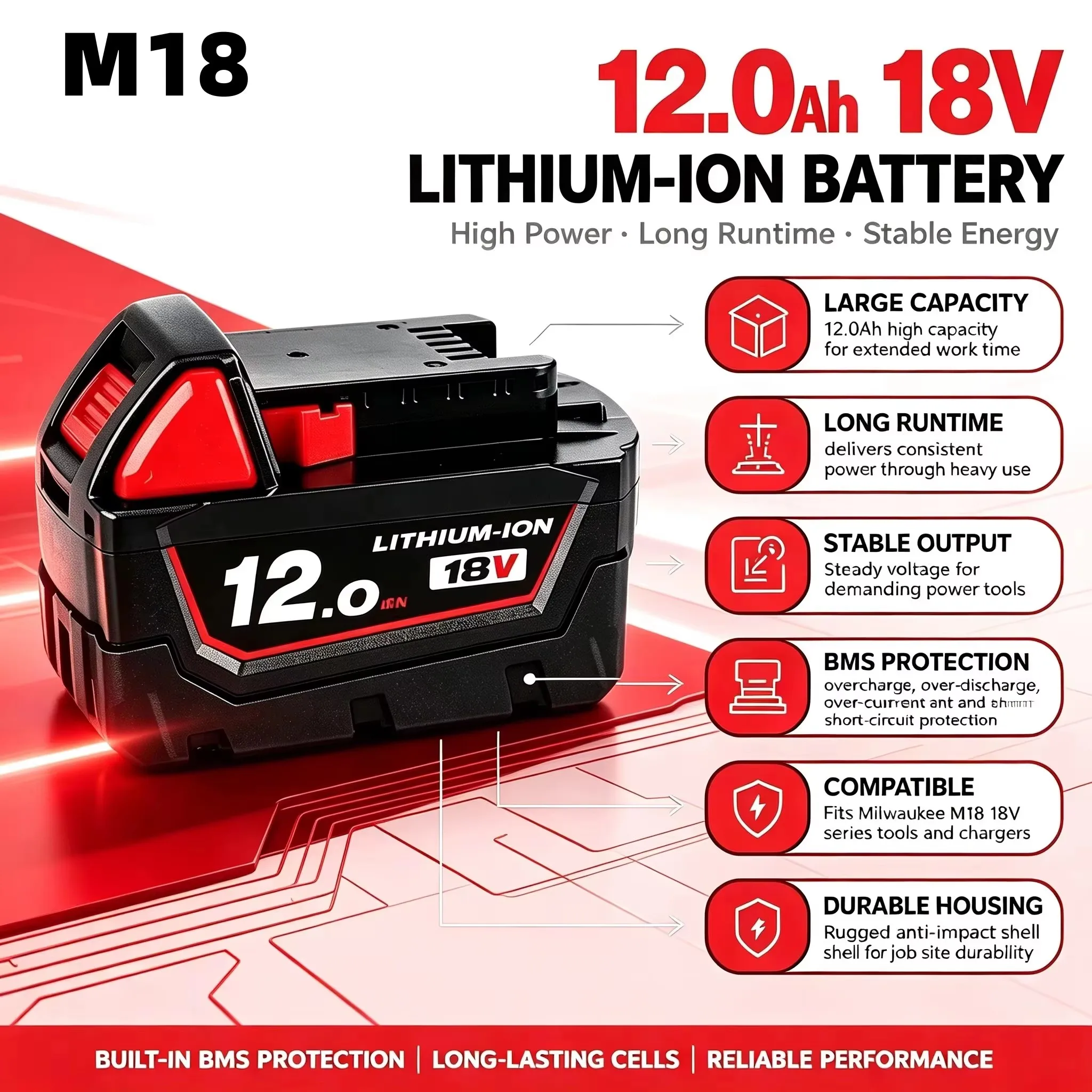 Nuova Batteria Sostitutiva Li-Ion 18V 12.0Ah per Milwaukee M18 2026, Batteria per Utensili Elettrici Milwaukee 18V M18 48-11-2830 0730-20