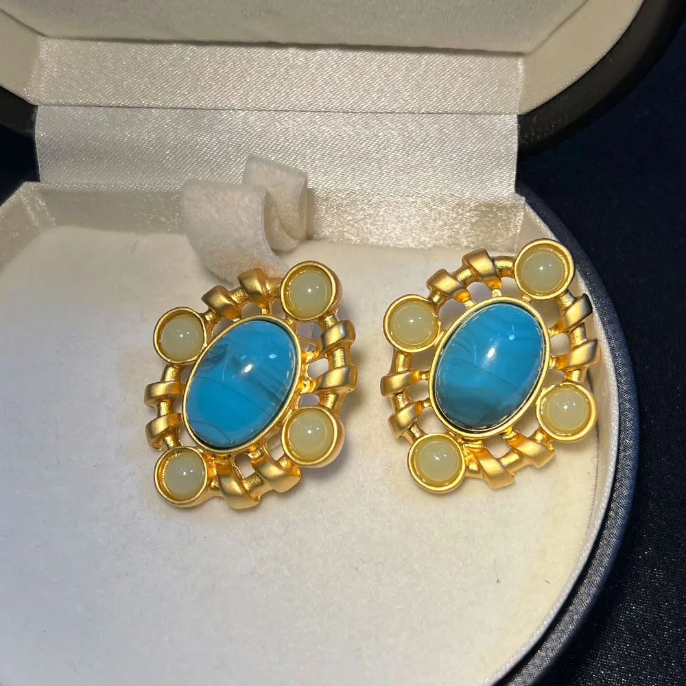 DIY accessories Retro vintage stud earrings niche 925 silver needle light luxury turquoise gold-plated versatile medieval earrin