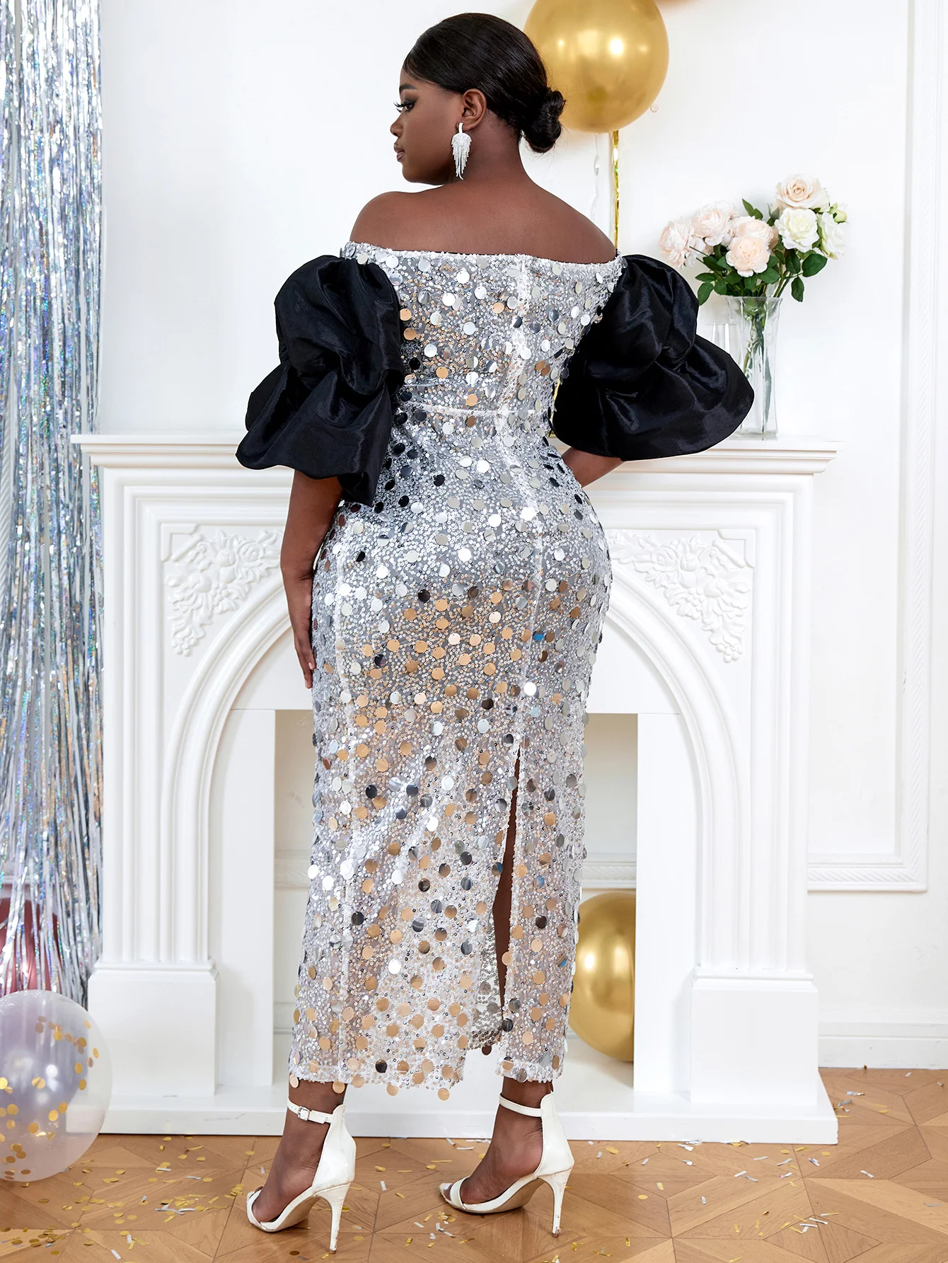 Plus Size Evening Dress Women African Wedding Party Long Luxury Sequin Bare Shoulder Gown Bodycon Slit Cocktail Night Out Outfit