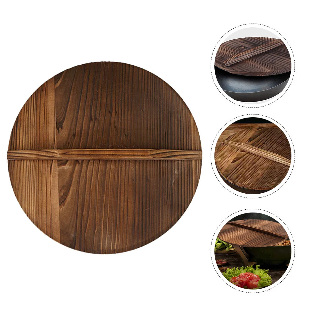 

Carbonized Fir Pot Lid Home Kitchenware Wooden Pan Cover Wok with Deep Frying Cooking Universal Household