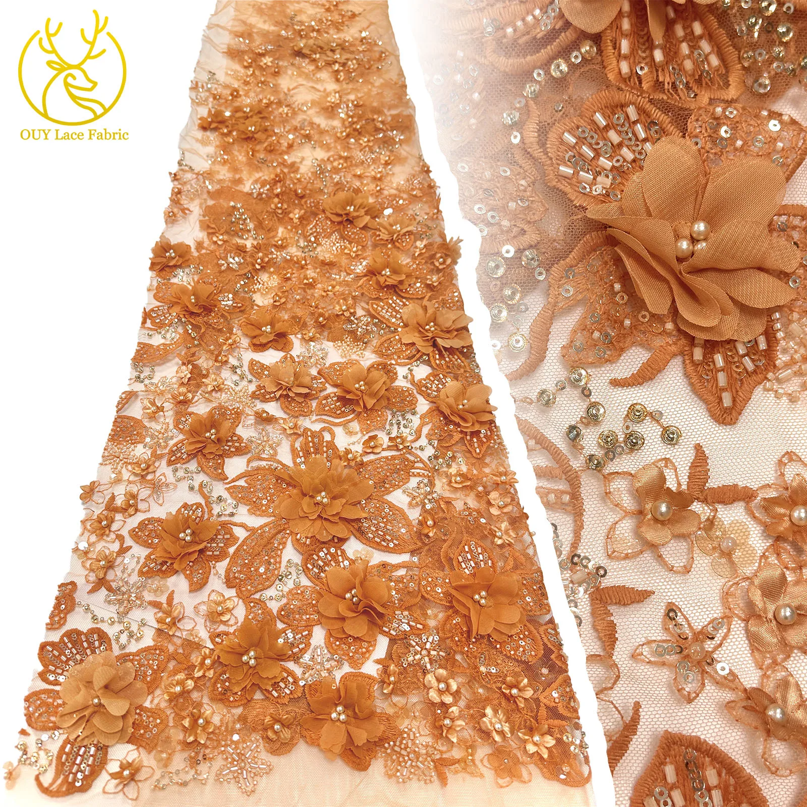 

2025 Fashion French 3D Floral Embroidery Beaded Lace Fabric with Sequins African Nigerian Fabric for Party Wedding Dresses