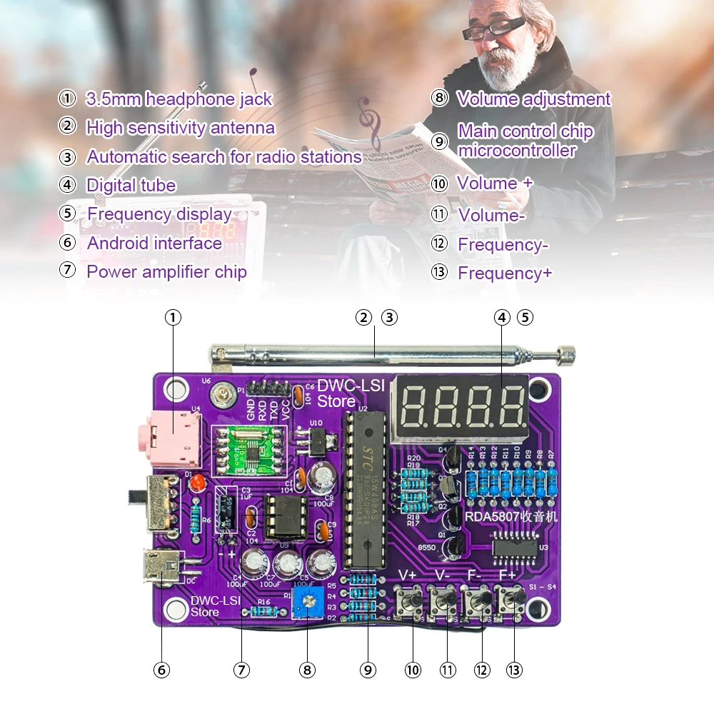 Imagem -02 - Rádio Eletrônico Recebendo Módulo Kit Rádio fm Faça Você Mesmo Frequência Ajustável Display Digital Prática de Soldagem 87108 Mhz Rda5807s
