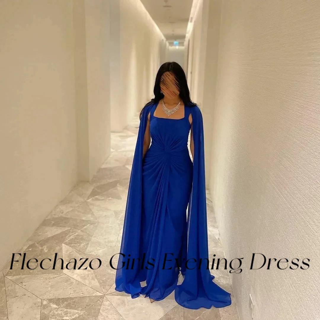 Flechazo Royal Blue Chiffon Evening Dresses Pleated Ruched Long Cape Formal Party Dress For Women 2024 vestidos de noche