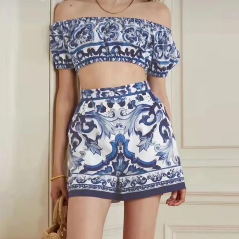 JUNLINNA Runway Fashion Women Shorts Suit 2022 Summer White and Blue Porcelain Printed High Street Party Holiday Two Piece Sets