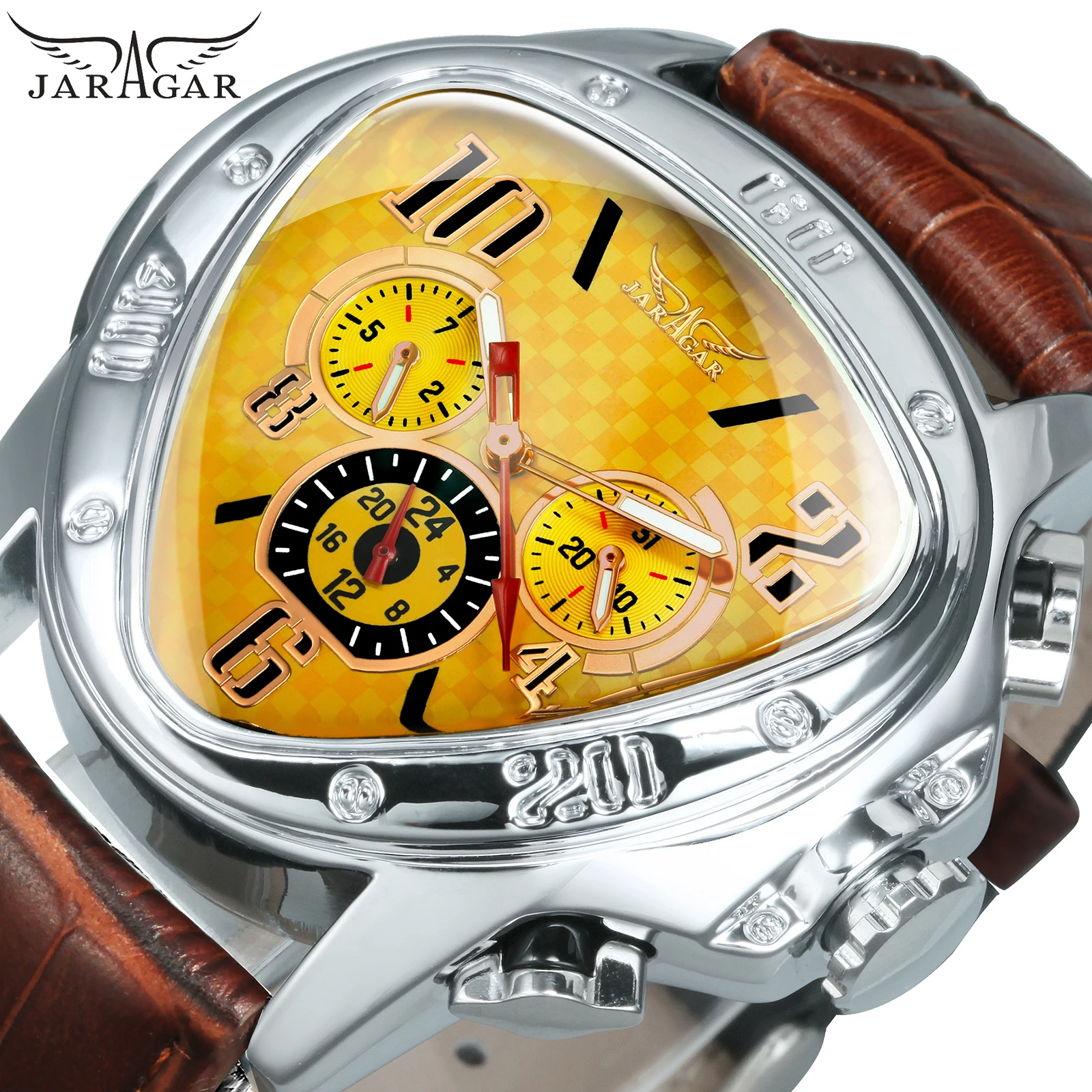 

Мужские спортивные часы Jaragar Triangle, многофункциональные, для гонок, автоматические, люксовый бренд, кожаный ремешок, светящиеся, мужские часы