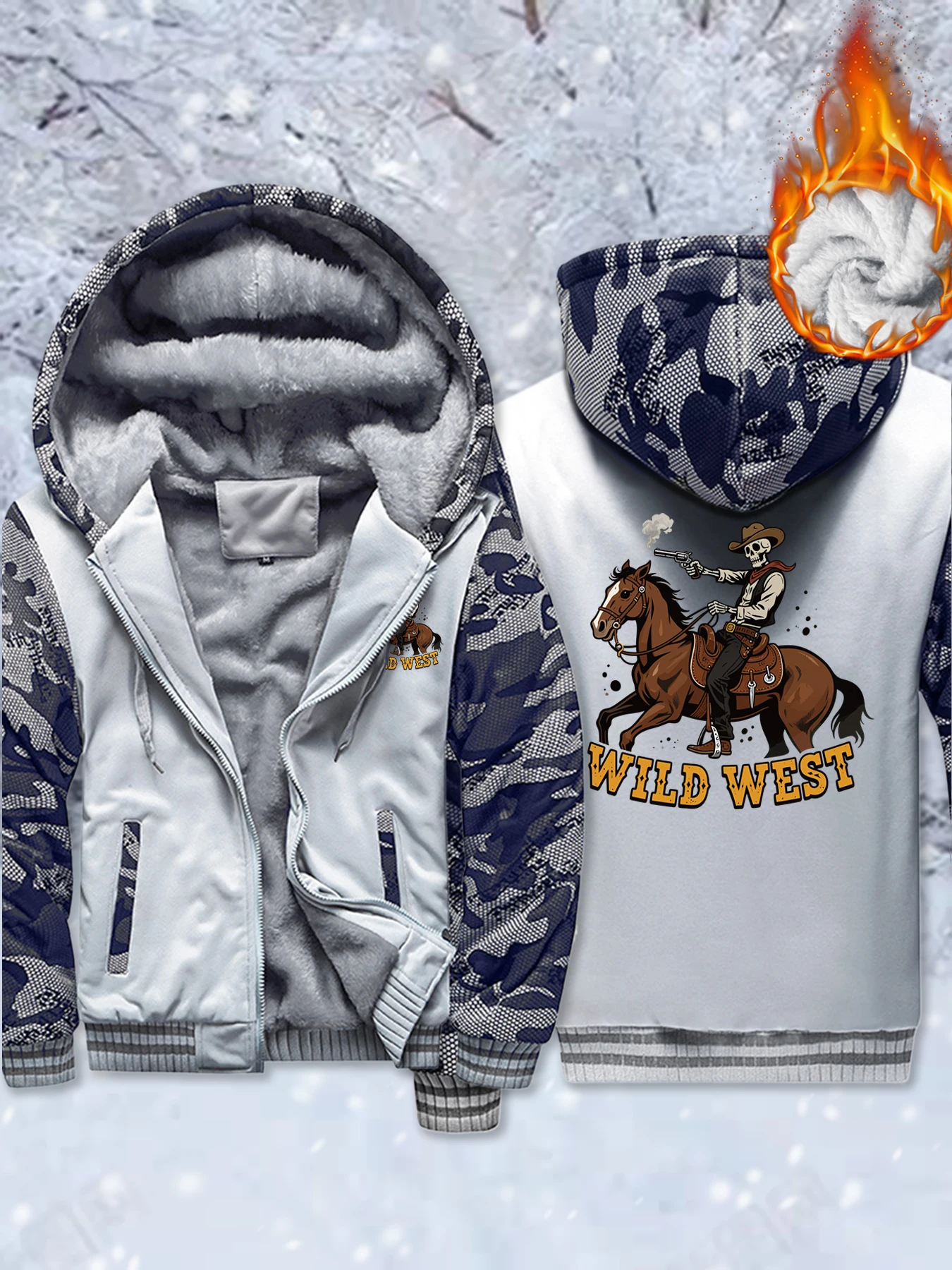 

Wild West Cowboy Skeleton Printing Thicken Jackets Men Zipper Winter Coats Loose Fleece Streetwear Pocket Camouflage Hoodies