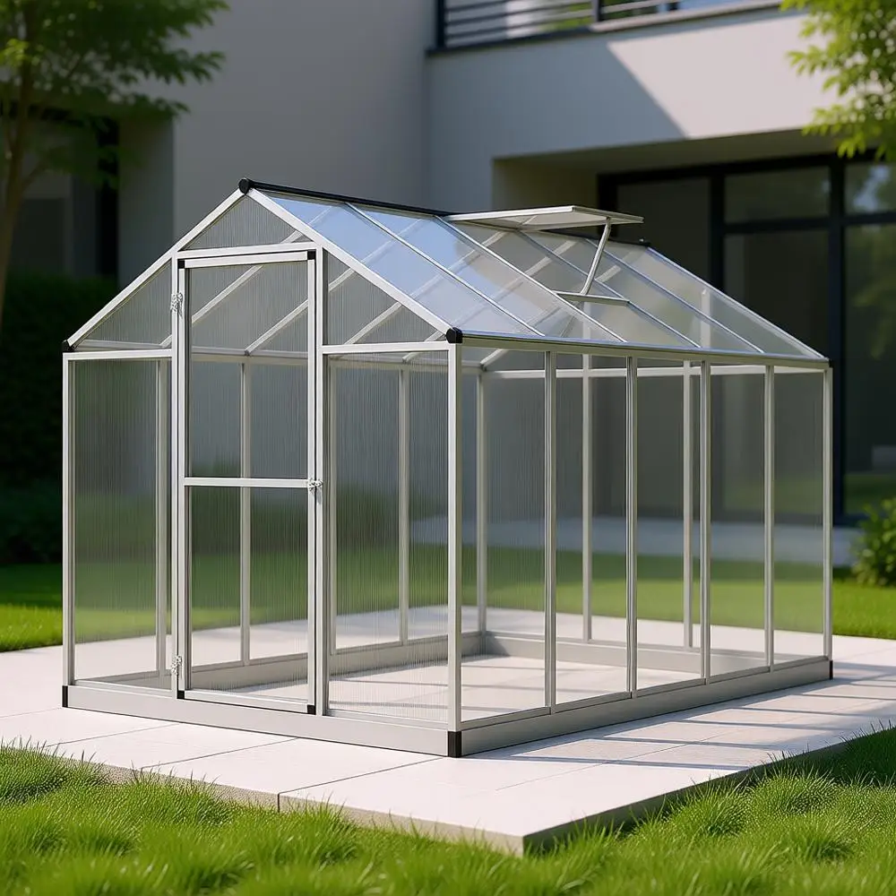 

6' x 10' Outdoor Polycarbonate Greenhouse with Gutters and Roof Vent for Patio Garden