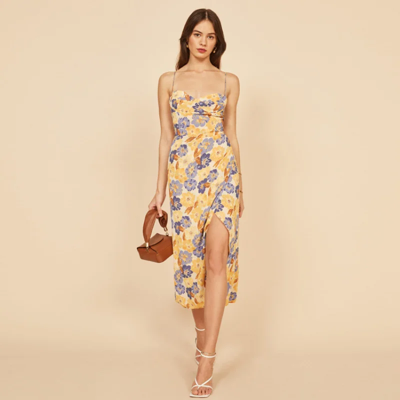 

Spot GoodsNR231RefRayon Printed Strap Dress Long Dress2025Summer Vintage Style European and American Women's Fashion