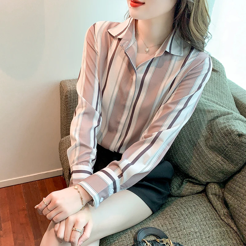 Vintage Women Shirt Stripe Basic Womens Tops Long Sleeve Blouse Korean Fashion Women Clothing Korean Popular Clothes OL Shirts