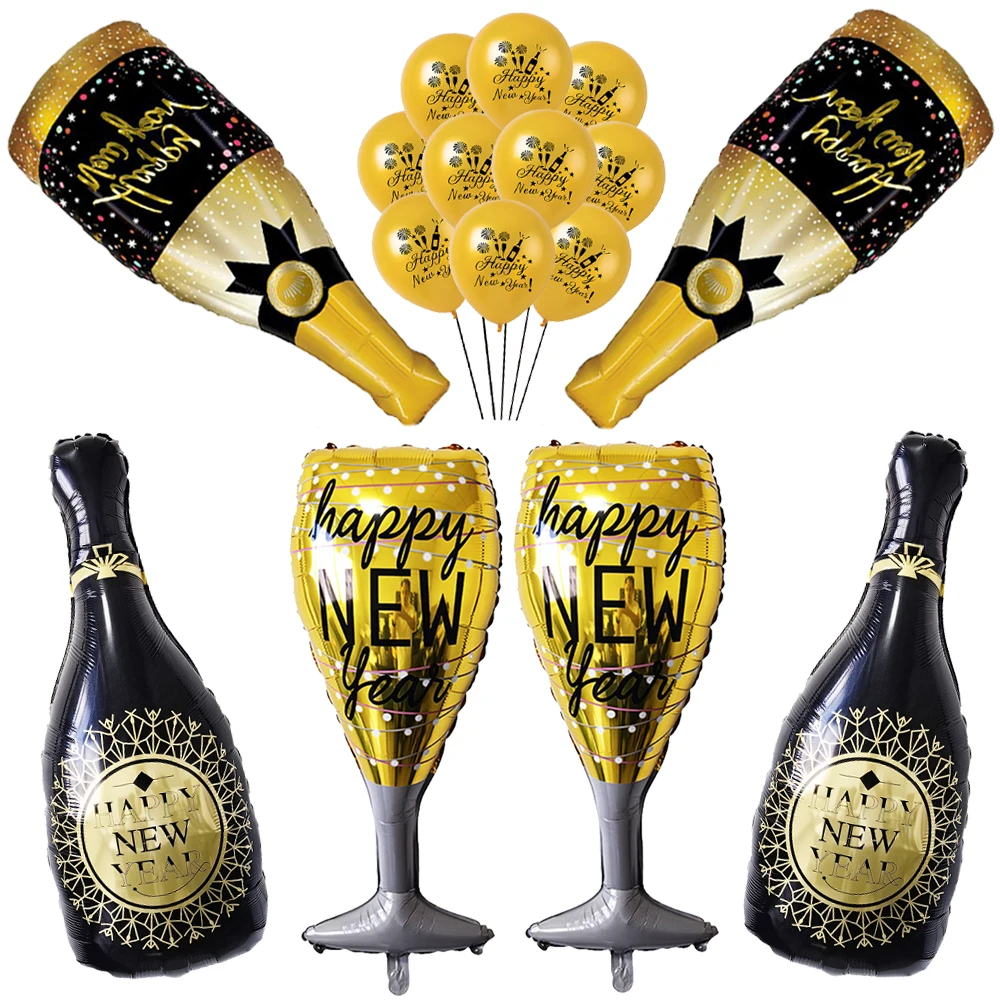 Happy New Year Champagne Bottle Balloons Wine Glasses Balloon Happy New Year Balloons 2025 New Years Eve Decorations Supplies