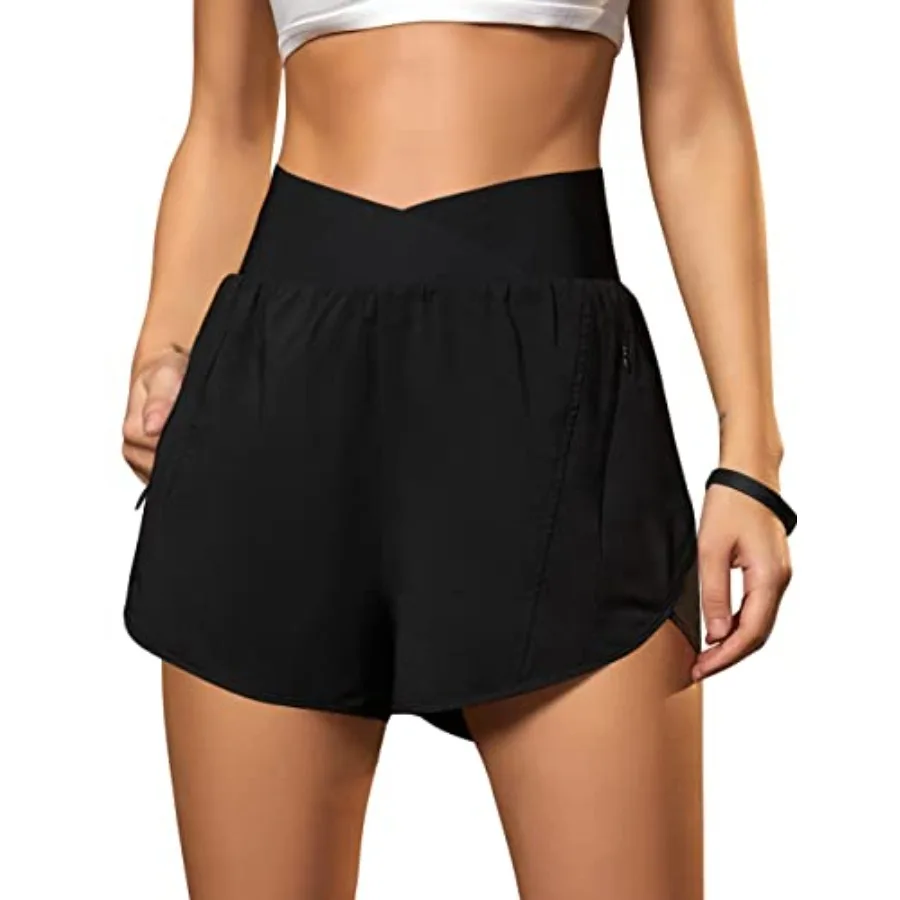 

Blooming Jelly Women's Workout Shorts Athletic Running Shorts Crossover High Waisted Gym Shorts with Zipper Pockets