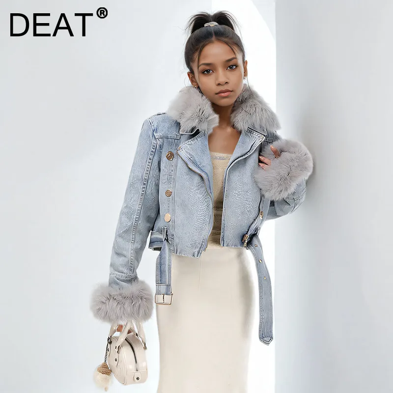 DEAT Detachable Imitation Fox Fur Rabbit Fur Inner Lining Denim Jacket For Women 2024 Winter New High Street Short Coat 11A01841