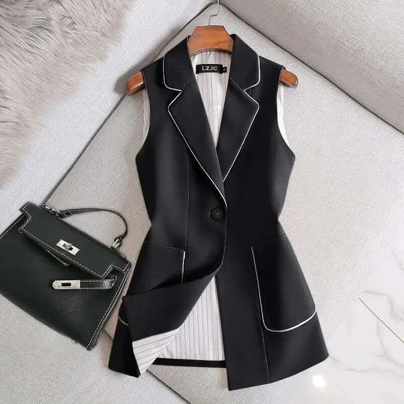 

2025 Spring Autumn Women Suit Vest Sleeveless Blazers Jacket Office Waistcoat Lady Pink Black Casual Tops Slim Tank Outerwear