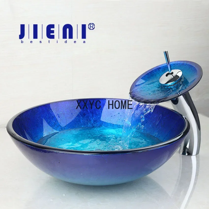 lavabo alto cromado azul + lavabo de baño, vidrio templado, cascada pintada a mano, conjunto de latón, grifo-8