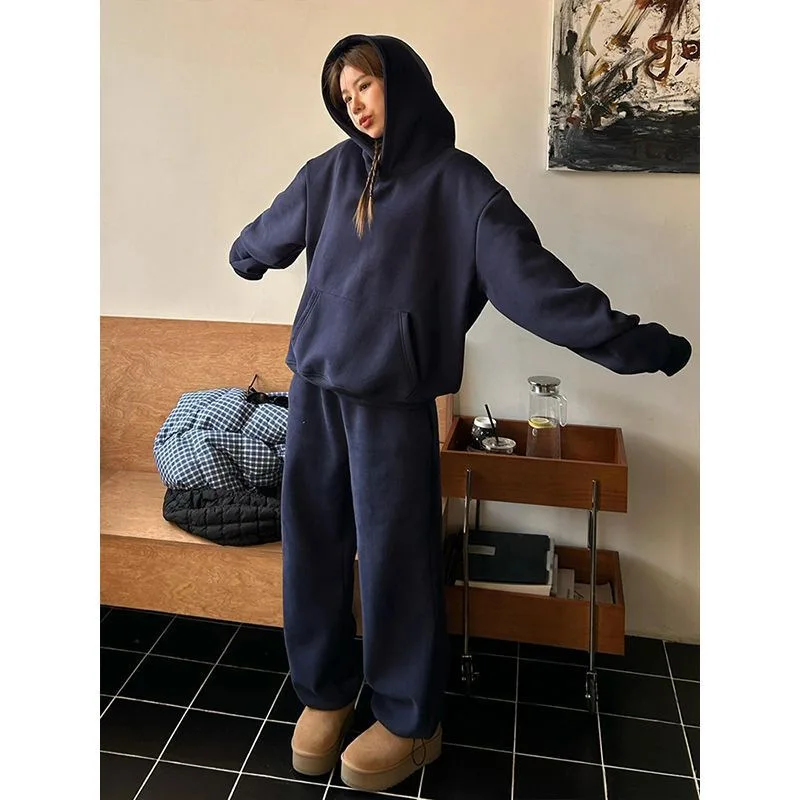 طقم ملابس رياضية نسائية شتوية وخريفية مبطنة بالصوف نمط الملح فضفاض هوديي مريح مستقيم الساق السراويل 2 قطعة الزي