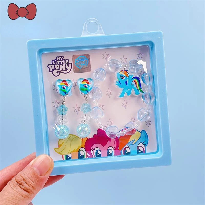 My Little Pony Anime Peripheral Cute Twilight Sparkle Pinkie Pie Rainbow Dash Acrylic Bracelet Ear Clip Set Jewelry Girl Gift